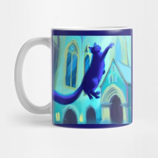 Blue Cat Jumps For Joy in Church Mug